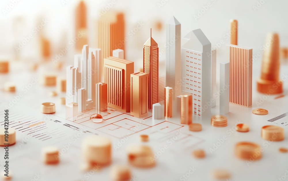 Poster 3d rendering of financial charts and graphs with a clean layout on a white background, business anal