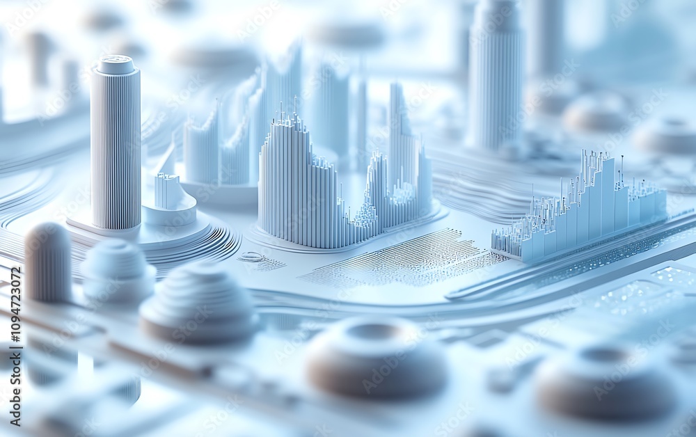 Poster 3d rendering of financial charts and graphs with a clean layout on a white background, business anal