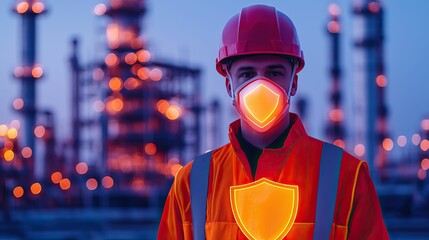 anti tracking security industry concept, A worker in safety gear stands against an industrial backdrop, wearing a mask and a brightly colored jacket, illuminated by ambient lights.