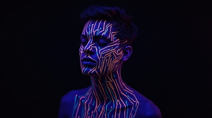 Naklejka premium Person with UV Face Paint Creating Circuit Patterns