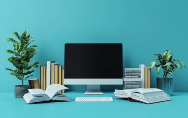 3D rendering of online education concept, computer with open books on a blue background, digital learning and elearning theme, modern educational setup