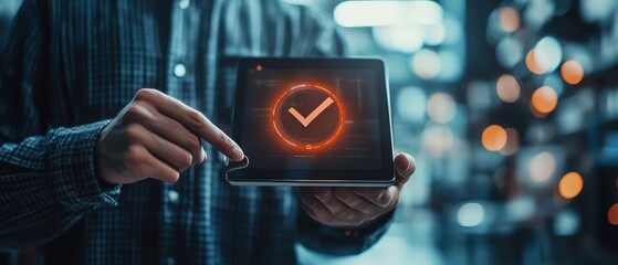 Closeup of male hand pointing at tablet with digital guarantee checkmark on blurry office background, compliance with regulations services and standards