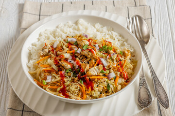 tofu egg roll in a bowl with jasmine rice