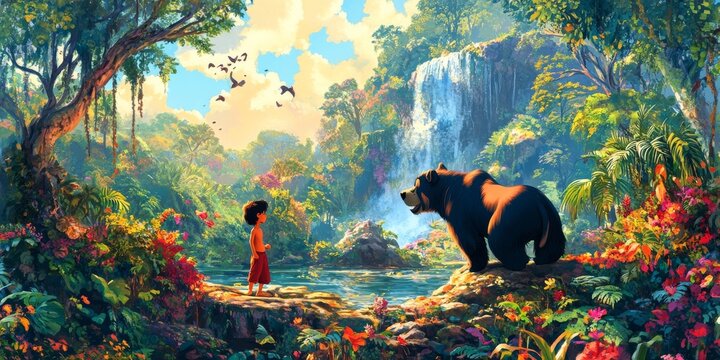 A cute, cartoon Mowgli (age 10) frolics in a bright, whimsical jungle with Baloo.  The oversized picture is colorful and playful, like the classic cartoon.