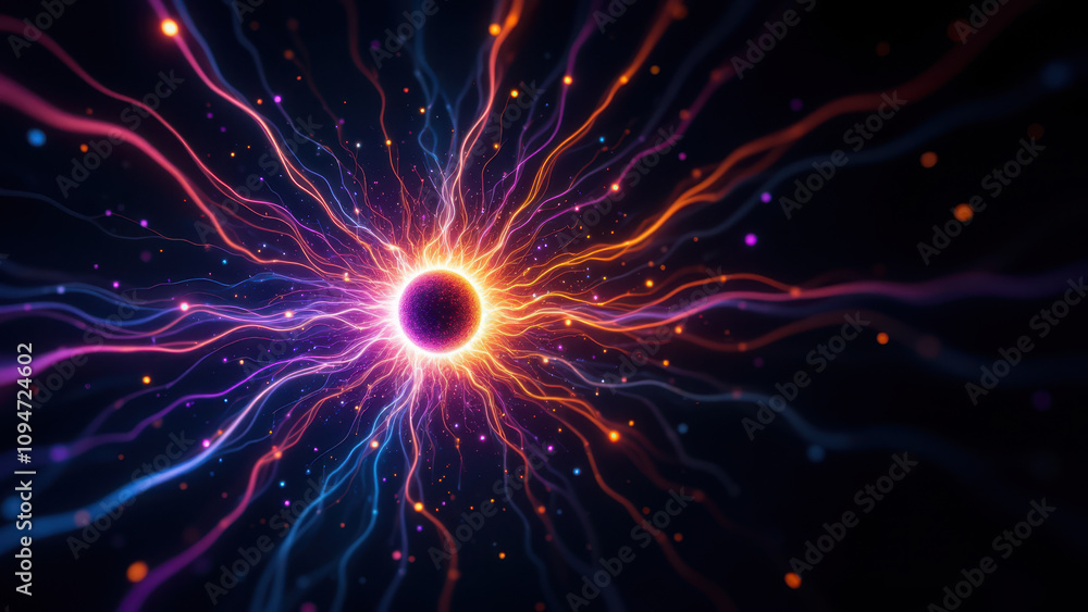 Poster abstract high-tech colorful glowing energy particles background with a central core emitting bright 