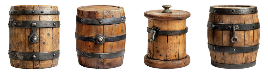Obraz premium Various Vintage Wooden Barrels on Transparent Background