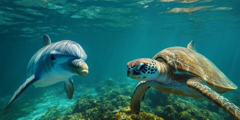 Obraz premium A dolphin and sea turtle swim close by, looking right at you.