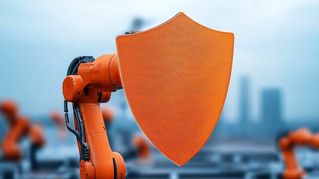anti tracking security industry concept, An industrial robotic arm holds an orange shield, symbolizing protection and technology in a modern manufacturing environment.