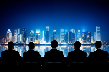 Fototapeta premium Business people sitting together looking at a futuristic city, image created with AI