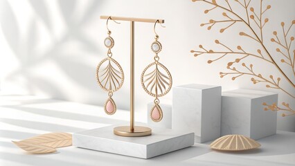 Elegant gold earrings displayed on a modern stand amidst soft lighting and natural elements