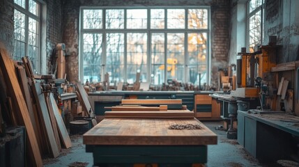 Fototapeta premium A Well-Equipped Workshop With Large Windows and a View of the Woods