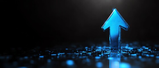 3D rendering of a blue upward arrow on a black background, symbolizing business growth, achievement, and forward momentum