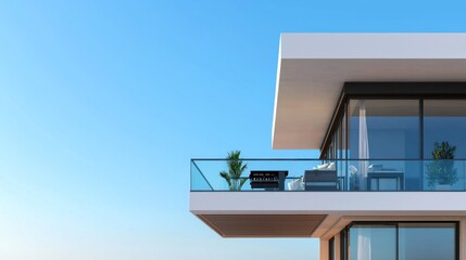 Modern balcony with a glass railing, outdoor seating, and a small grill, set against a clear blue sky