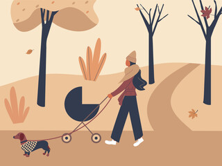 A pretty girl walks with a baby stroller and a dachshund dog in an autumn city park or forest. Autumn soothing outdoor landscape: trees, leaves, bushes in a trendy funky style.Flat vector illustration