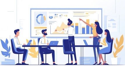 Dynamic Team Presentation: Cartoon-Style Business Meeting with Graphs and Charts on Screen, Team Engaged in Discussion in a Colorful, Modern Office Environment