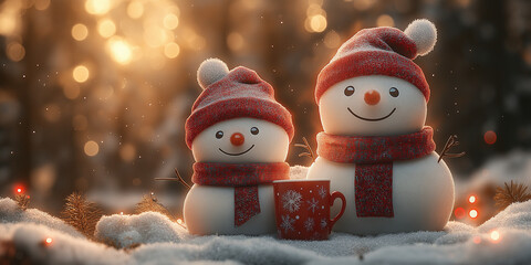 3D, a whimsical portrait of a family,Snowman Serenity: A Peaceful Winter Scene with Two Snowmen Sharing a Warm Drink