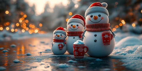 3D, a whimsical portrait of a family,Snowman Serenity: A Peaceful Winter Scene with Two Snowmen Sharing a Warm Drink
