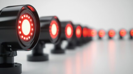 Futuristic Red LED Lights: A technological marvel, a row of sleek, black cylindrical lights emit a vibrant red glow, hinting at advanced technology and innovation.