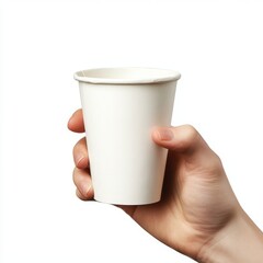 Hand holding white paper cup isolated on white background