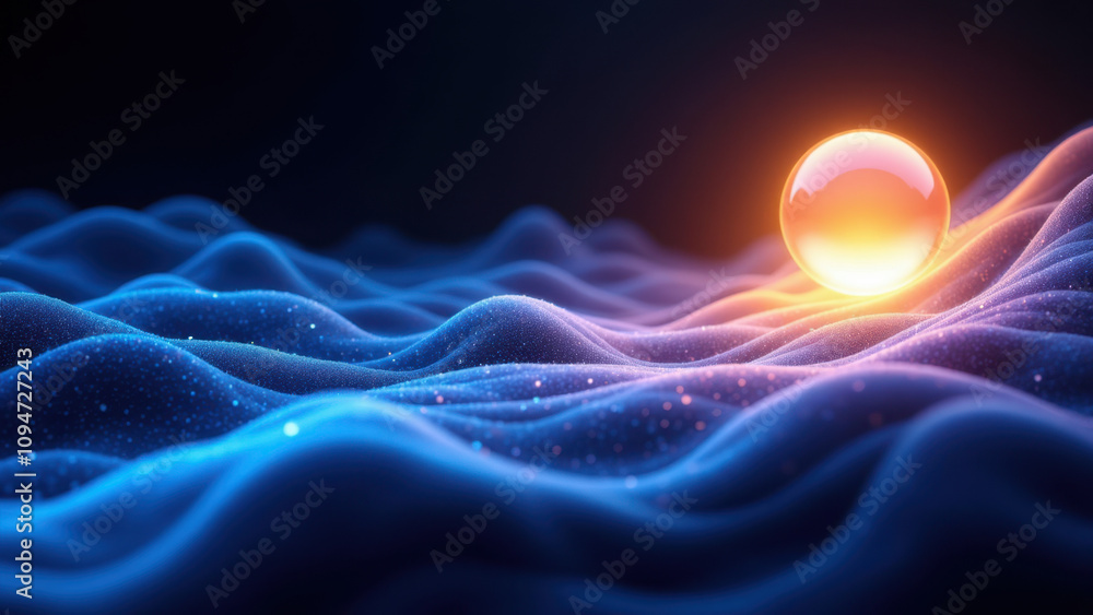 Poster abstract high-tech background with a sun-like element and rippling waves of energy or light.