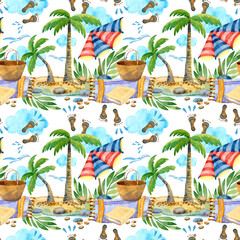 Tropical coast, islands with palm trees and sun umbrellas, seamless pattern for wrapping paper, wallpaper, invitations, fabric.