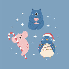 Christmas Greeting Card with Wombat, Koala, Penguin Characters. Festive Holiday Illustration, Design.