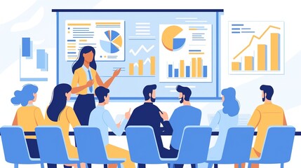 Obraz premium Dynamic Team Presentation: Cartoon-Style Business Meeting with Graphs and Charts on Screen, Team Engaged in Discussion in a Colorful, Modern Office Environment