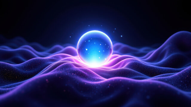 Abstract digital artwork with futuristic energy sphere on purple wave form.