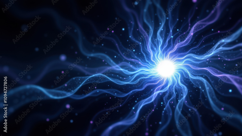 Poster abstract futuristic high-tech background with dynamic blue energy swirls and a glowing central orb.