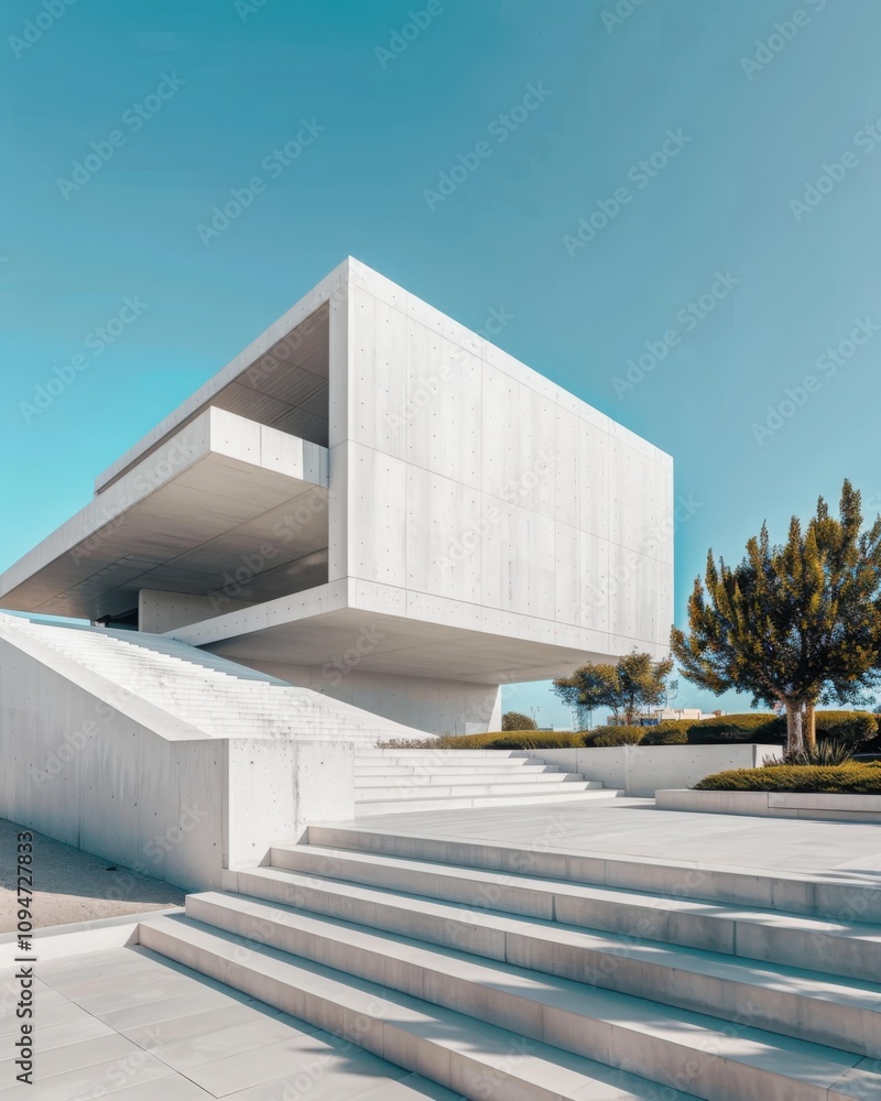 Poster exploring minimalist geometric architecture bright daylight and clean white concrete structures in s