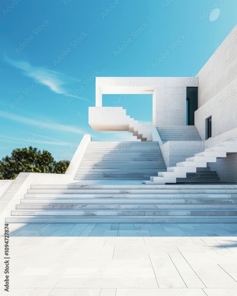 Poster exploring minimalist geometric architecture bright daylight in clean white concrete structures with 