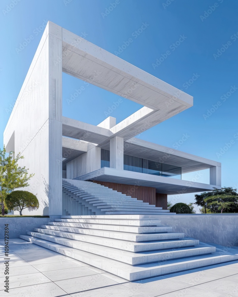 Poster exploring minimalist geometric architecture bright daylight clean white concrete structures urban en