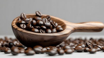 Fototapeta premium Coffee beans on rustic spoon isolated on transparent background