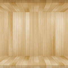 Vector empty room with wooden wall, floor and ceiling. Realistic brown planks wall panel and floor. Minimal 3d scene for organic product mockup, natural wood interior background.