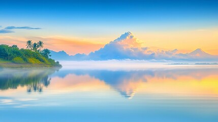 Fototapeta premium Serene Sunrise over Tranquil Lake Natural Beauty Morning Calm Tropical Landscape Reflected Serenity