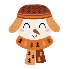 Snowman face clipart. Cute winter character. Hand draw vector illustration in flat style