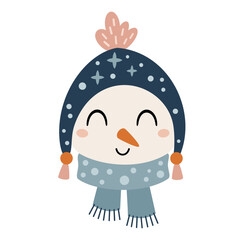 Snowman face clipart. Cute winter character. Hand draw vector illustration in flat style