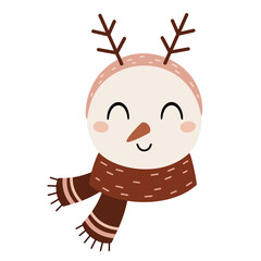 Snowman face clipart. Cute winter character. Hand draw vector illustration in flat style