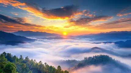 Obraz premium Stunning Sunrise Over Misty Mountains Nature Landscape Scenic Viewpoint Peaceful Environment