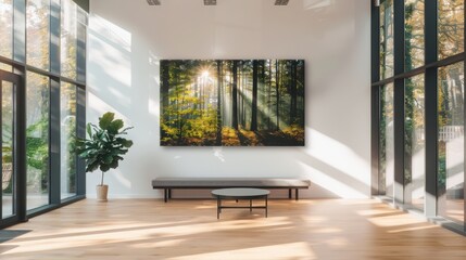Fototapeta premium Golden sunrise over misty forest autumn vibes nature photography serene environment minimalist aesthetic crisp details
