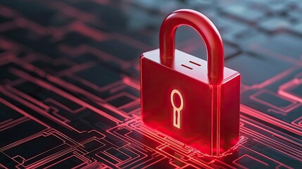 anti tracking security industry concept, A digital lock icon in red, set against a dark circuit board background, symbolizing cybersecurity and data protection.