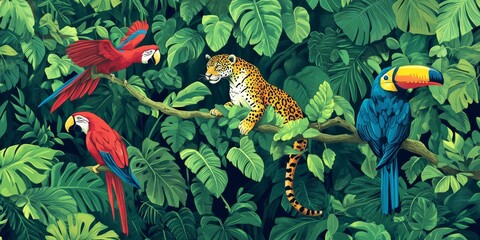 A lush rainforest bursts with vibrant green leaves and vines.  A jaguar prowls a tree,  red and blue macaws soar overhead, toucans perch on branches, and monkeys swing through the dense foliage.