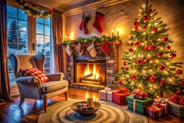 Cozy Christmas Eve by the Fireplace with Holiday Decor, Warmth, and Festive Atmosphere for Winter Celebrations