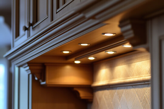 Warm kitchen recessed lighting under wooden cabinets with subtle tile backsplash