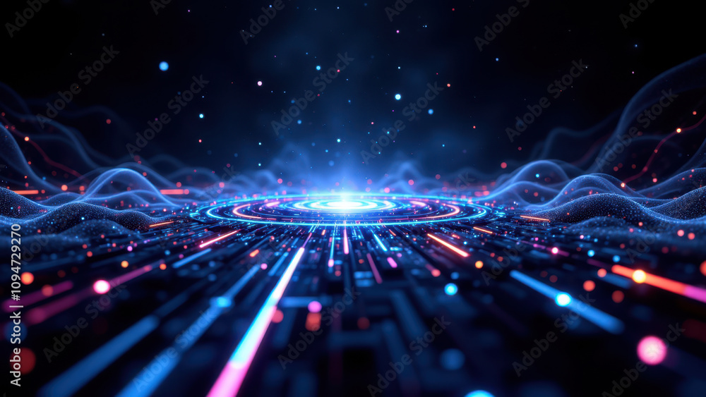 Aufkleber abstract high-tech digital space with vibrant colors and patterns.