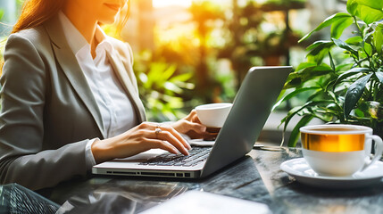 A business leader typing on a sleek laptop with a cup of tea beside her 