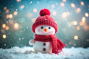 Fototapeta premium Cute Snowman in Red Winter Hat and Scarf in Snow on Pink Background for Seasonal Holidays Card