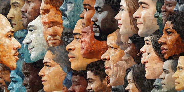 A mosaic of faces, showing people of all ages, races, and genders, represents equality, human rights, and acceptance of diversity.