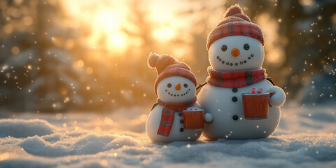 3D, a whimsical portrait of a family,Snowman Serenity: A Peaceful Winter Scene with Two Snowmen Sharing a Warm Drink