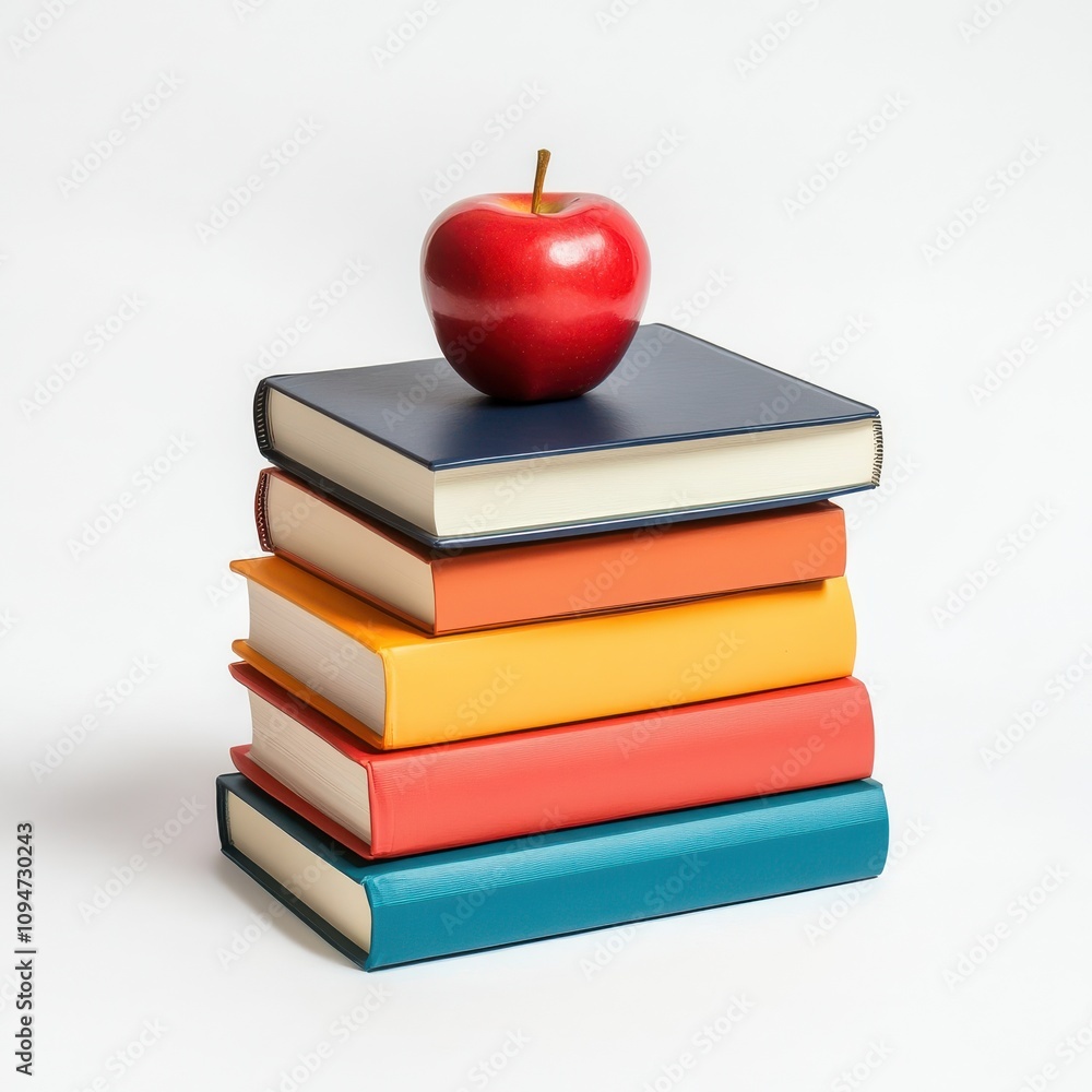 Poster stack colorful books with red apple isolated on white background